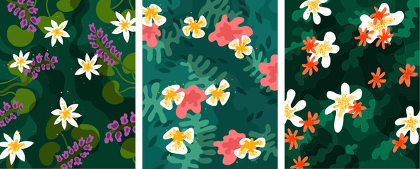 Three flower patterns with small flowers, vector graphics for greeting cards, weddings, holidays, and other decoration © Andrea Vollgas