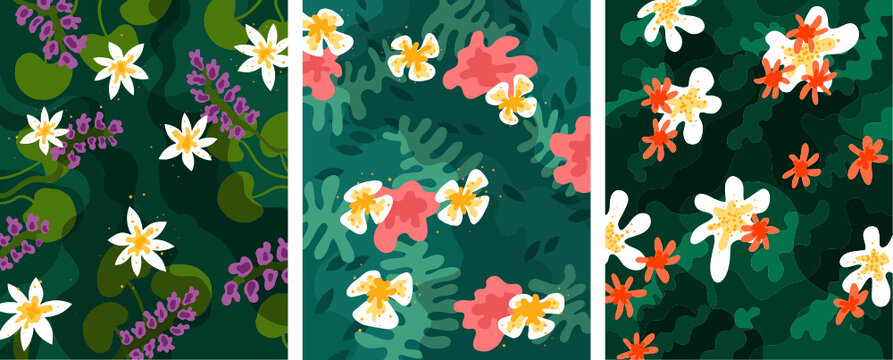 Three flower patterns with small flowers, vector graphics for greeting cards, weddings, holidays, and other decoration