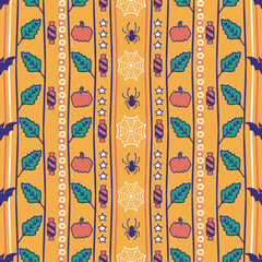 Seamless vector pattern with vertical Halloween fun on yellow background. Simple autumn stripe wallpaper design. Decorative pumpkin and bat fashion textile.