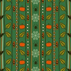 Seamless vector pattern with autumn pumpkin and leaf on green background. Simple Halloween stripe wallpaper design. Decorative holiday fashion textile.