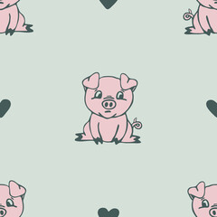 Seamless vector  pattern with little pig on cream white background. Simple repeat animal wallpaper design. Decorative cartoon piggy fashion textile.