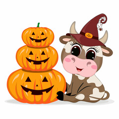 Cute Cartoon little cow with halloween witch hat and pumpkins. Perfect for greeting cards, party invitations, posters, stickers, pin, scrapbooking, icons.