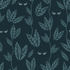 Seamless vector pattern with night animal on grey background. Scary eyes forest wallpaper design. Decorative woodland fashion textile.