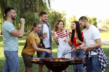 Group of friends having barbecue party in park
