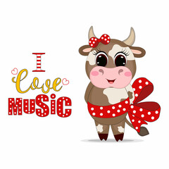 Cute Cartoon baby cow with lettering i love music. Perfect for greeting cards, party invitations, posters, stickers, pin, scrapbooking, icons.