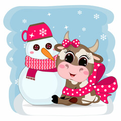 Cute Cartoon christmas baby cow with snowman. Perfect for greeting cards, party invitations, posters, stickers, pin, scrapbooking, icons.