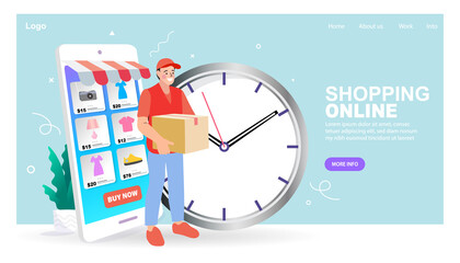 Fast delivery. Order shipment. Food and other shipping service for apps. Flat tiny shipping box persons concept. Parcel and ordered goods transport export to customer location fast in time. vector