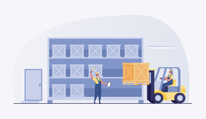 forklift loaded with box in warehouse. vector illustration © yellow_man