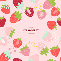 Vector frame with doodle strawberry and abstract elements. Hand drawn illustrations.