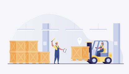 Warehouse man worker in uniform driving forklift truck stacking  palete boxes. vector illustration © yellow_man