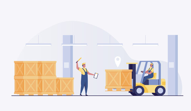 Warehouse man worker in uniform driving forklift truck stacking  palete boxes. vector illustration