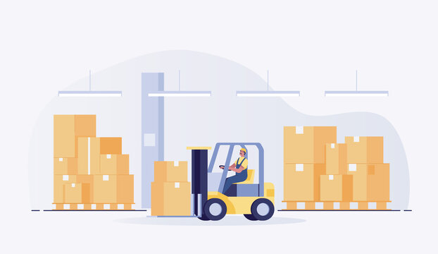 forklift loaded with box in warehouse. vector illustration
