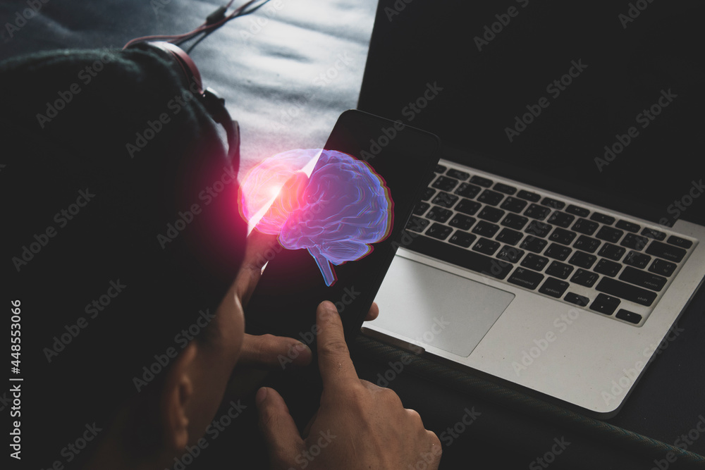 Poster people connecting to ai network brain of technology devices, artificial intelligence robotic