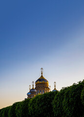 Vasilyevsky island embankment overlooking the Church of the assumption of the blessed virgin. St. Petersburg, Russia.