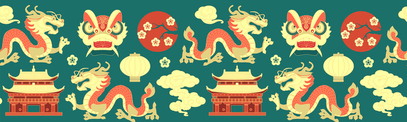 China seamless pattern with dragon, pagoda, clouds, lantern and flowers. Traditional chinses style. - obrazy, fototapety, plakaty