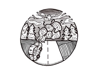 black and white landscape in the form of a circle with a road, clouds and a broken car. White background