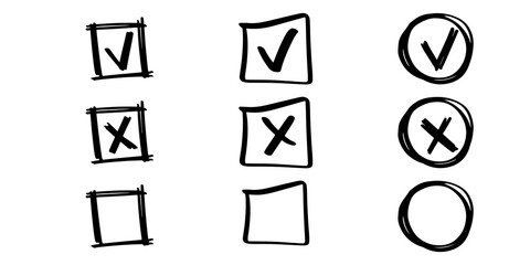 Hand drawn checkmark set. Correct and incorrect symbol. Cross symbol. Accept sign. Check mark in doodle. Sketch style. Vector EPS 10