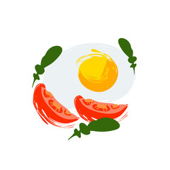Scrambled eggs illustration with tomatoes and arugula isolated on white