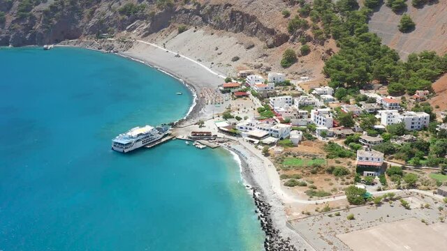 Aerial view of the exit from the Samaria Gorge in Crete, Greece