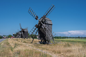 Fototapeta premium A line of old windmills on a plain. Picture from the Baltic Sea island of Oland