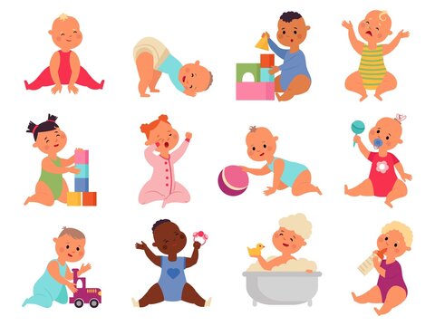 Newborn baby characters. Cute toddler, babies isolated with toys. Cartoon smile infants, happy active little boy girl in diaper decent vector set