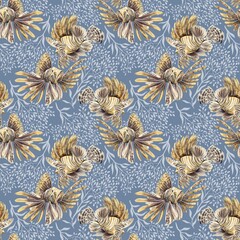 Lion fish and plants ornament digital seamless pattern