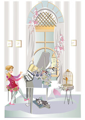 Musical design with a beautiful little girl singer playing the piano. Hand drawn vector illustration.