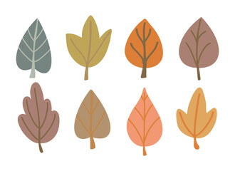Autumn leaves hand drawn set in simple flat hand drawn style. Cute foliage vector illustration collection. Various style clip art elements for fall design, Thanksgiving.