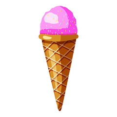 Fototapeta na wymiar Pink ice cream sherbet in waffle cone. Colorful vector