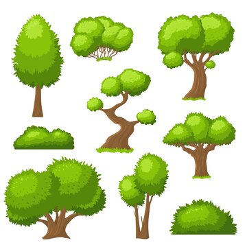 Cartoon tree and bush. Garden bushes, isolated shrubbery with green leaf. Landscape outdoor shrubs, green plant shapes, forest flora recent vector set