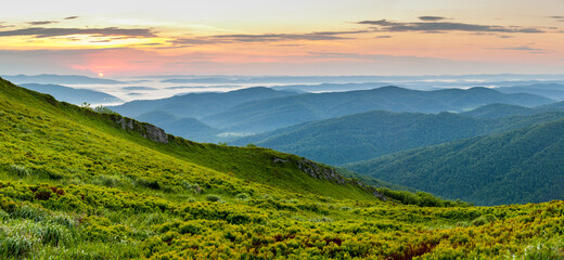 Sunrise seen from the summit of Połonina Wetlińska towards the Bieszczady peaks, Bieszczady forest, Bieszczady mountains, Carpathians