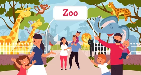 Wandaufkleber Family in zoo. Smiling cartoon kids, walking in park with parents. Safari in city, giraffe monkey elephant. Wild animal and people decent vector scene © MicroOne