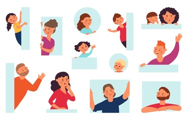 Cartoon people peeping. Isolated curious teen, men peep from window. Smile, confused or surprised persons faces look around decent vector set