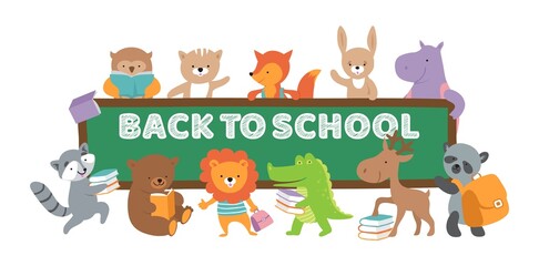Obraz premium Back to school animal banner. Animals with books and backpacks near chalkboard. Isolated wild and forest vector characters