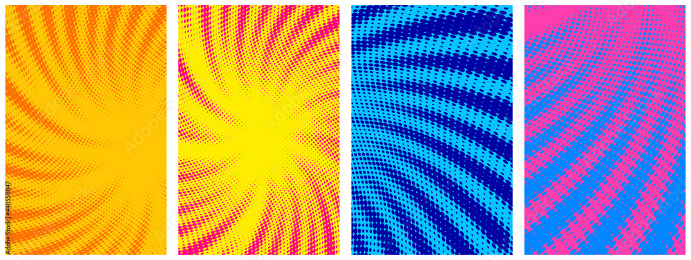 Poster set of abstract halftone spiral rays backgrounds.