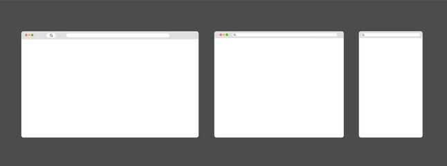 Modern browser window set isolated on dark grey background. Web window screen.