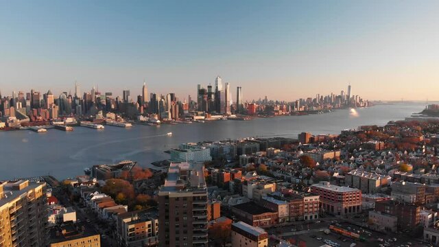 New York City aerial footage. Manhattan and New Jersey.