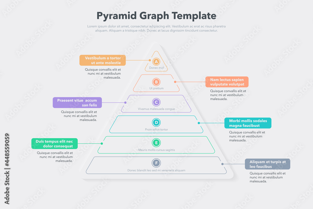 Poster Pyramid graph template with six colorful steps. Easy to use for your website or presentation.