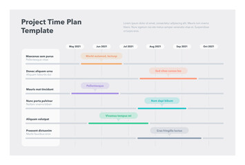 Modern project time plan business template with six project tasks in time intervals. Easy to use for your website or presentation.
