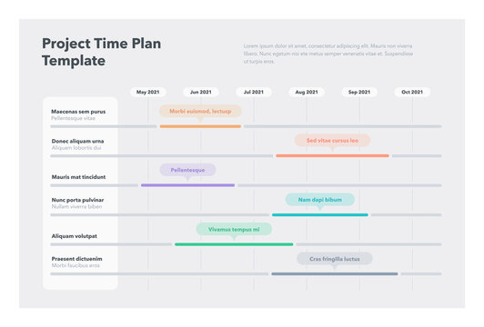 Modern project time plan business template with six project tasks in time intervals. Easy to use for your website or presentation.