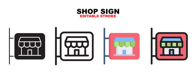 Outline, glyph black, flat color and filled line color, icon symbol set, shop sign concept, Isolated vector design, editable stroke