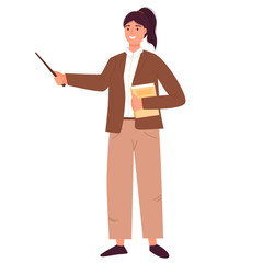 Young woman teacher points out. Back to school. Cute character in a modern style.