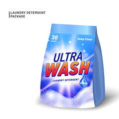 Realistic soft container for detergent. Detergent package template with designed logo and realistic soap foam.