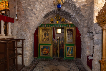 The interior of the small Feodorovsky monastery in Christian quarters in the old city of Jerusalem, Israel