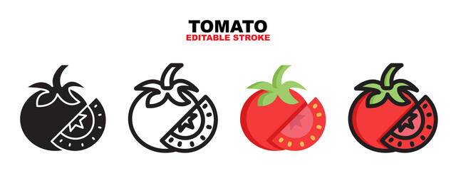 Outline, glyph black, flat color and filled line color, icon symbol set, tomato concept, Isolated vector design, editable stroke