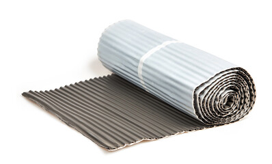Roll of wide metal adhesive tape for roof joint isolated on a white background with clipping path. Roofing materials