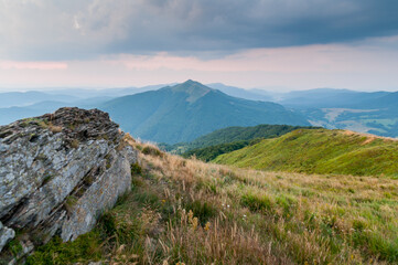 Sunrise seen from the summit of Połonina Wetlińska towards the Bieszczady peaks and the summit of Połonina Caryńska, the Bieszczady forest, the Bieszczady mountains, the Carpathians