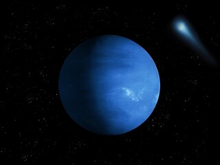 Beautiful blue world from another star system. Fantastic exoplanet in space. Planet where life is possible 3d illustration.