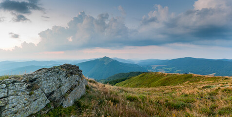 Sunrise seen from the summit of Połonina Wetlińska towards the Bieszczady peaks and the summit of Połonina Caryńska, the Bieszczady forest, the Bieszczady mountains, the Carpathians