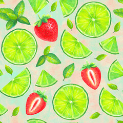 Watercolor hand drawn mojito cocktail seamless pattern